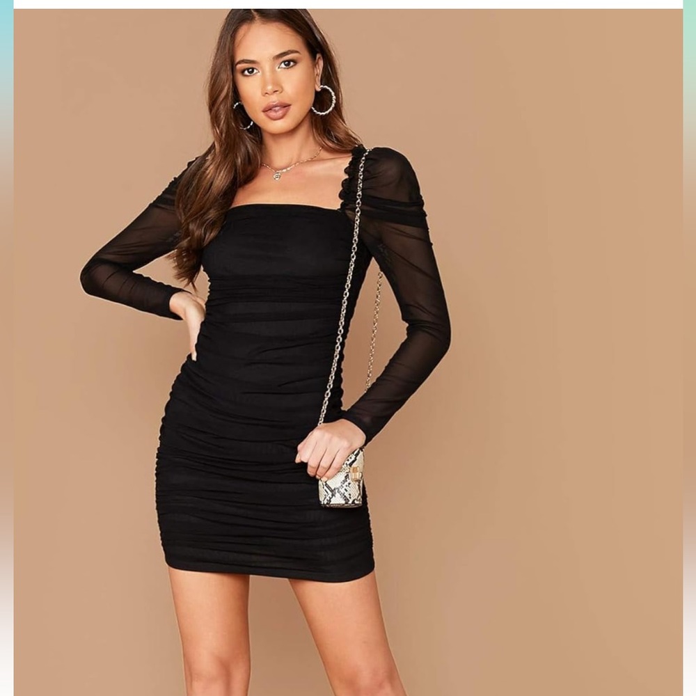 Black bodycon mini dress, puff sleeves, mesh sleeve, square neck, size L